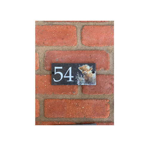 Number slate house sign floral highland cow small